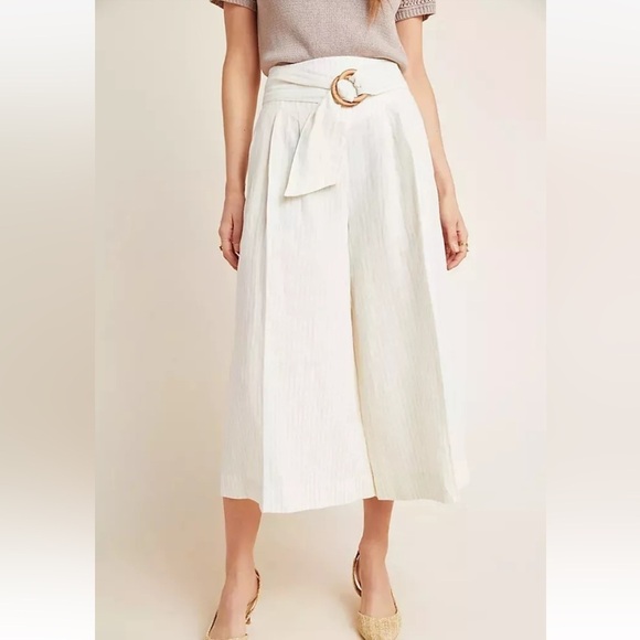 ANTHROPOLOGIE Palm Beach Belted Pants Wide Leg Crop Linen Cream Tan Stripe Sz 0 - Picture 1 of 15
